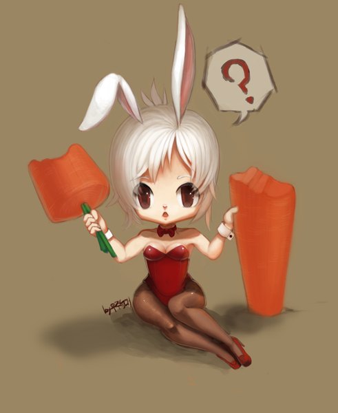 Anime picture 2254x2756 with league of legends riven (league of legends) battle bunny riven yoonyuljjang chrier single tall image looking at viewer highres short hair open mouth simple background sitting brown eyes white hair bunny girl chibi girl pantyhose sword