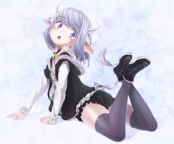Anime picture 2307x1909 with original ell blush fringe highres short hair open mouth light erotic purple eyes animal ears silver hair tail animal tail horn (horns) thighhighs boy black thighhighs bell clothes