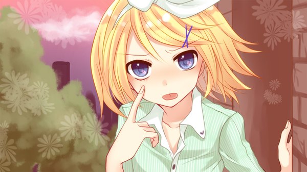 Anime picture 1600x900 with vocaloid kagamine rin single short hair blue eyes blonde hair wide image girl hair ornament bow hair bow shirt hairclip tongue x hair ornament