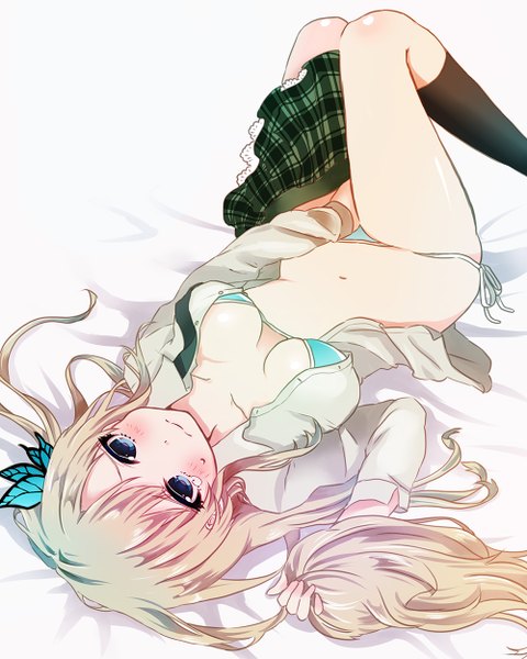 Anime picture 1000x1250 with boku wa tomodachi ga sukunai kashiwazaki sena single long hair tall image looking at viewer blush blue eyes light erotic blonde hair open clothes open shirt girl thighhighs skirt hair ornament swimsuit bikini shirt socks