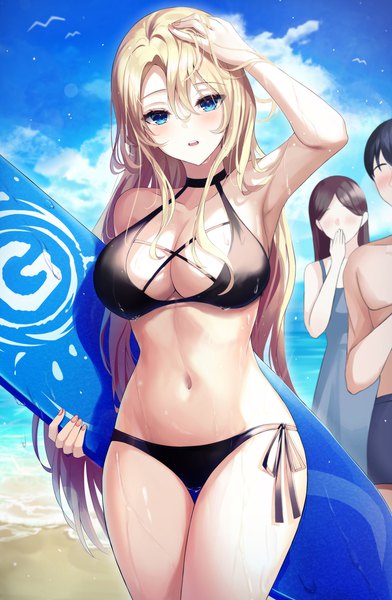 Anime-Bild 1597x2444 mit original gongha long hair tall image looking at viewer blush fringe breasts open mouth blue eyes light erotic blonde hair hair between eyes brown hair large breasts standing multiple girls holding payot sky