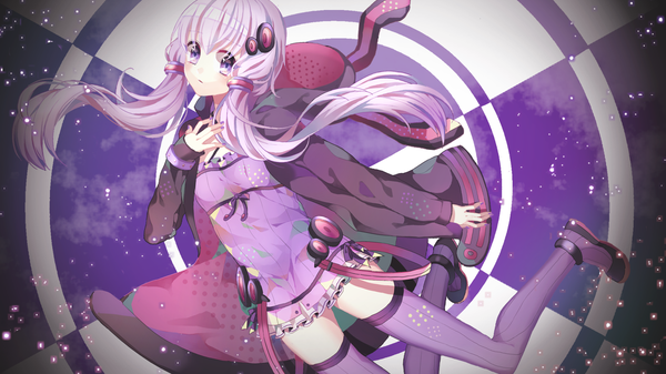 Anime picture 1600x900 with vocaloid voiceroid yuzuki yukari sulfur (1453rk) single long hair looking at viewer wide image purple eyes twintails purple hair nail polish open jacket low twintails animal hood girl thighhighs dress jacket hairclip