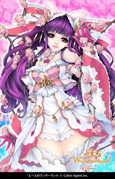 Anime picture 1000x1559 with a's wonderland kunishige keiichi single long hair tall image looking at viewer purple eyes purple hair girl thighhighs dress gloves flower (flowers) bow hair bow detached sleeves white thighhighs jewelry