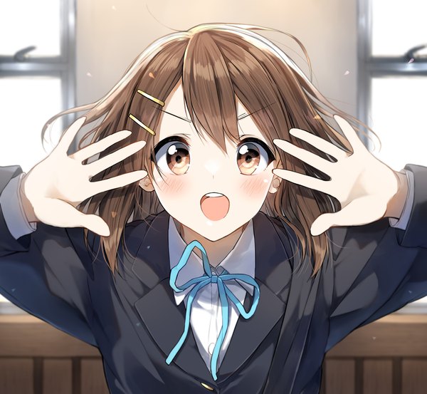 Anime picture 3375x3109 with k-on! kyoto animation hirasawa yui pentagon (railgun ky1206) single looking at viewer blush fringe highres short hair open mouth brown hair brown eyes absurdres upper body indoors long sleeves arms up teeth girl