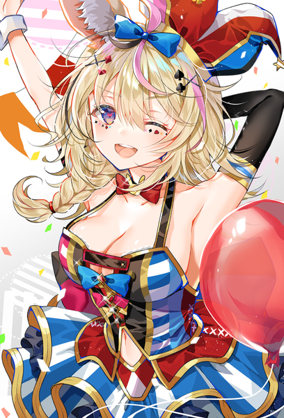 Anime picture 2508x3687 with virtual youtuber hololive omaru polka myusha single long hair tall image fringe highres breasts open mouth light erotic blonde hair hair between eyes large breasts purple eyes animal ears cleavage upper body one eye closed