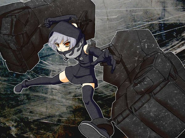 Anime picture 1024x768 with black rock shooter strength (black rock shooter) tagme (artist) single fringe short hair white hair orange eyes mechanical parts girl thighhighs gloves weapon black thighhighs elbow gloves hood