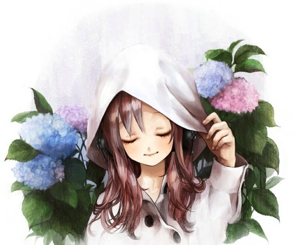 Anime picture 1015x840 with original michi ta (masquerade) single long hair smile brown hair white background eyes closed adjusting hood girl flower (flowers) plant (plants) headphones hood hydrangea