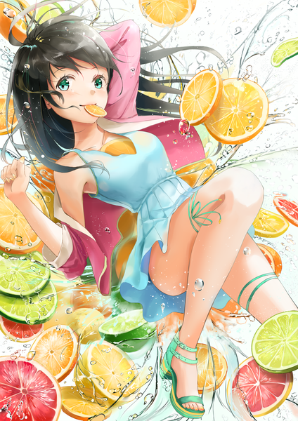 Anime picture 1240x1754 with original shi-ro single long hair tall image looking at viewer black hair white background holding green eyes ahoge bent knee (knees) off shoulder floating hair mouth hold arm behind head girl dress bubble (bubbles) fruit