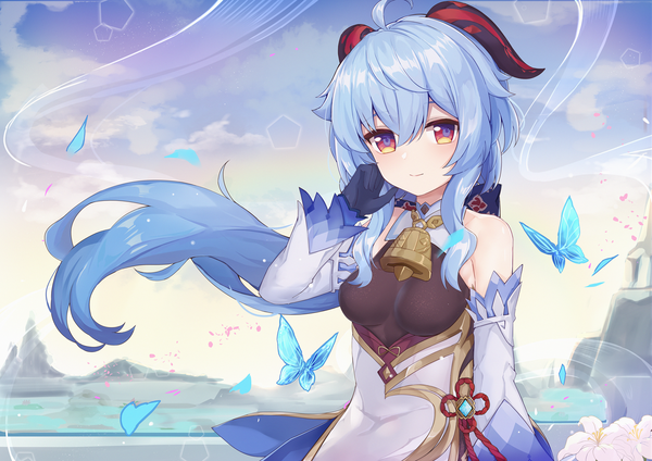 Anime picture 1500x1061 with genshin impact ganyu (genshin impact) kuaua single long hair looking at viewer blush fringe breasts hair between eyes red eyes standing bare shoulders blue hair sky cloud (clouds) ahoge outdoors horn (horns) light smile