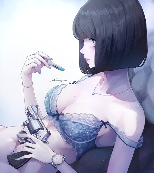 Anime picture 3200x3600 with original koh (minagi kou) single tall image blush fringe highres short hair breasts light erotic black hair simple background bare shoulders holding signed looking away absurdres cleavage nail polish profile