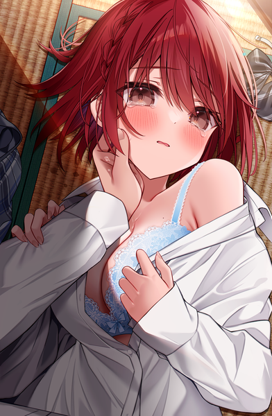 Anime picture 3086x4724 with original kuro namako tall image blush fringe highres short hair breasts open mouth light erotic hair between eyes large breasts brown eyes absurdres red hair lying braid (braids) long sleeves from above off shoulder