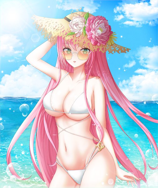 Anime picture 3500x4139 with azur lane surcouf (azur lane) surcouf (loisirs balneaires) (azur lane) pora 0918 single long hair tall image looking at viewer fringe highres breasts light erotic hair between eyes large breasts standing bare shoulders green eyes payot pink hair absurdres