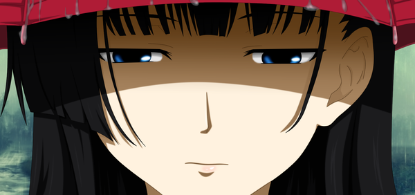 Anime picture 1600x752 with sankarea studio deen sanka rea flowerinhell single long hair fringe blue eyes black hair wide image close-up rain face sad eyes girl water