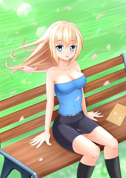 Anime picture 1253x1770 with original aneten long hair tall image looking at viewer open mouth blue eyes blonde hair sitting bare shoulders wind girl skirt petals socks black socks bench