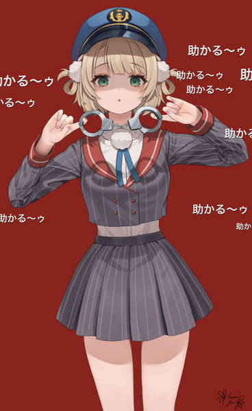 Anime-Bild 2088x3400 mit virtual youtuber indie virtual youtuber shukusei!! loli-gami requiem shigure ui (vtuber) hanazawa ma single tall image looking at viewer highres short hair simple background blonde hair standing green eyes pleated skirt text shaded face red background girl skirt