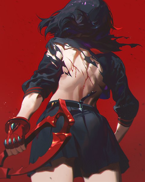 Anime picture 1200x1500 with kill la kill studio trigger matoi ryuuko fajyobore single tall image short hair black hair simple background standing holding pleated skirt from behind from below torn clothes back red background injury cuts girl