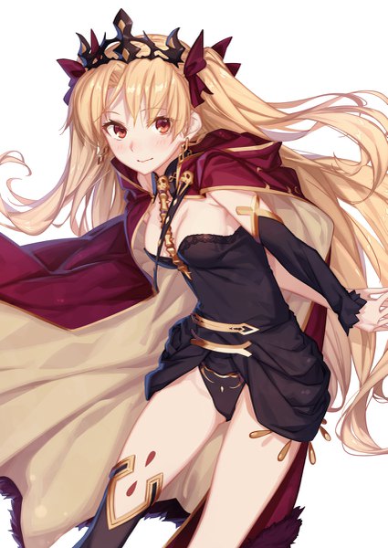 Anime picture 851x1200 with fate (series) fate/grand order ereshkigal (fate) m-ya single long hair tall image looking at viewer blush fringe breasts light erotic simple background blonde hair standing white background light smile wind leaning two side up