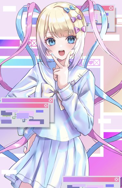 Anime picture 4735x7321 with needy girl overdose chouzetsusaikawa tenshi-chan shinzousan single long hair tall image looking at viewer highres open mouth blue eyes blonde hair standing twintails blue hair pink hair absurdres nail polish :d multicolored hair hand on hip