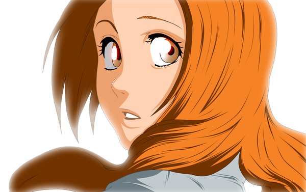 Anime picture 1920x1208 with bleach studio pierrot inoue orihime raizen13 long hair highres simple background white background looking back orange hair orange eyes coloring face girl