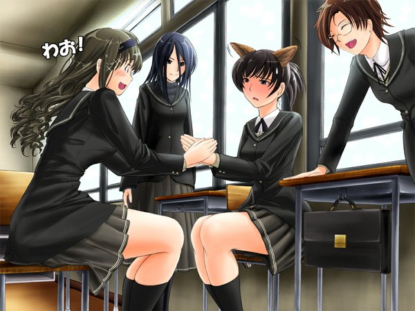 Anime picture 1024x768 with amagami morishima haruka tsukahara hibiki long hair short hair black hair brown hair animal ears ponytail pleated skirt classroom uniform school uniform glasses headband blazer yuzuki ruriko hiba manaka