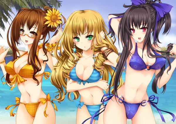 Anime picture 1024x724 with original goushou gs (goushou) long hair breasts open mouth light erotic black hair blonde hair red eyes brown hair multiple girls green eyes yellow eyes drill hair girl navel bow swimsuit hair bow