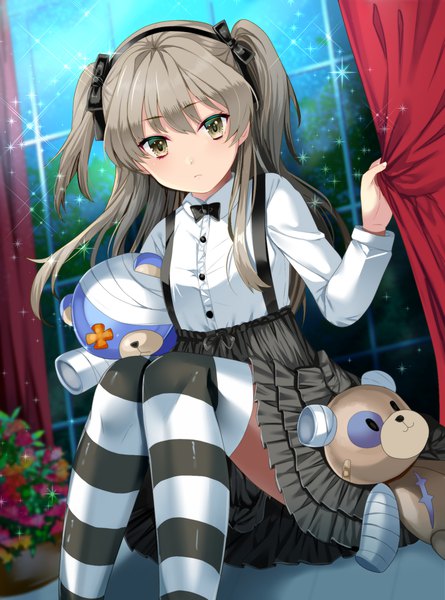Anime picture 1476x1990 with girls und panzer shimada arisu uzura (moimoi) single long hair tall image looking at viewer twintails brown eyes grey hair loli short twintails girl thighhighs dress bow hair bow toy stuffed animal striped thighhighs