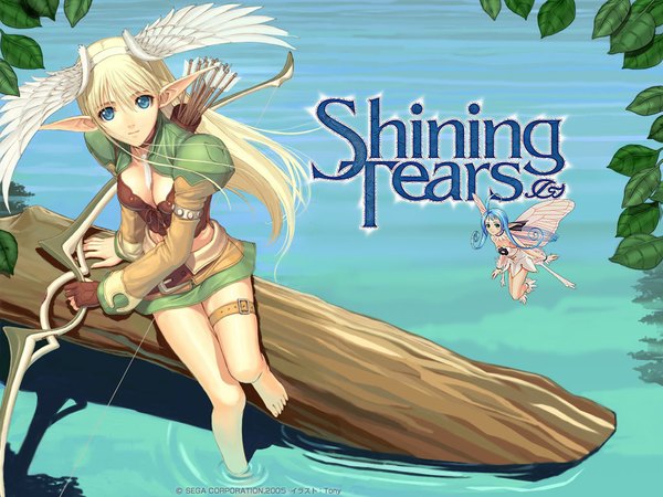 Anime picture 1024x768 with shining (series) shining tears elwing maple (shining tears) tony taka breasts blonde hair cleavage pointy ears wallpaper head wings nature fairy girl bow weapon water bow (weapon)