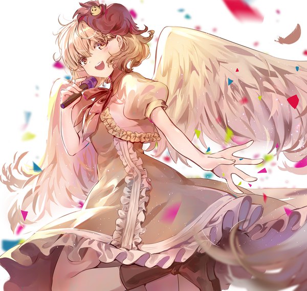 Anime picture 2340x2220 with touhou niwatari kutaka kita (kitairoha) single looking at viewer fringe highres short hair open mouth blonde hair hair between eyes standing yellow eyes :d multicolored hair two-tone hair puffy sleeves standing on one leg frilled dress animal on head