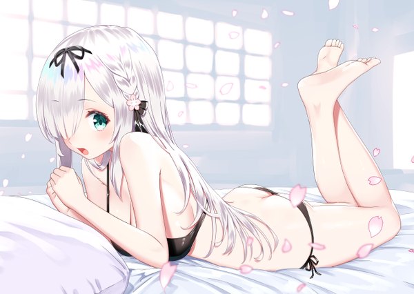 Anime picture 1350x960 with virtual youtuber plivyou kamiki kinu yasuyuki single long hair looking at viewer blush fringe breasts open mouth light erotic cleavage silver hair full body ass lying braid (braids) barefoot aqua eyes