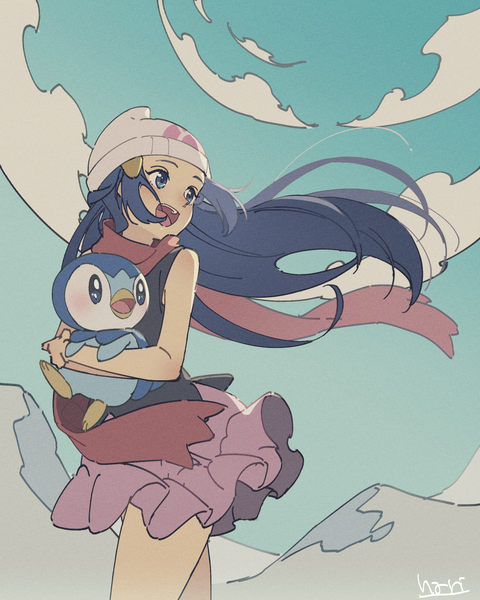 Anime picture 1500x1875 with pokemon pokemon dppt nintendo dawn (pokemon) piplup hari611 single long hair tall image open mouth blue eyes signed blue hair looking away sky cloud (clouds) outdoors :d sleeveless mountain