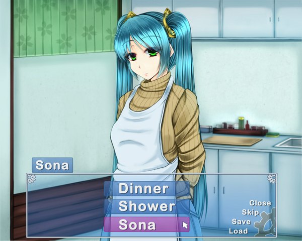 Anime picture 1476x1181 with league of legends sona buvelle oldlim (artist) single long hair looking at viewer twintails green eyes blue hair inscription girl apron sweater kitchen
