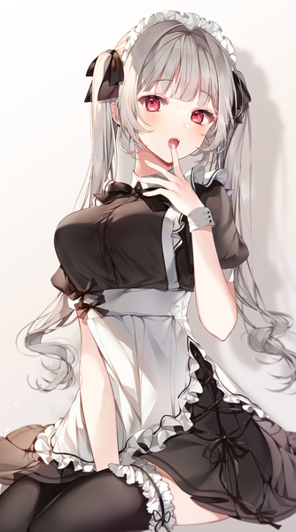 Anime picture 1406x2528 with original taya oco single long hair tall image looking at viewer blush fringe breasts open mouth simple background red eyes white background sitting twintails silver hair blunt bangs shadow short sleeves maid