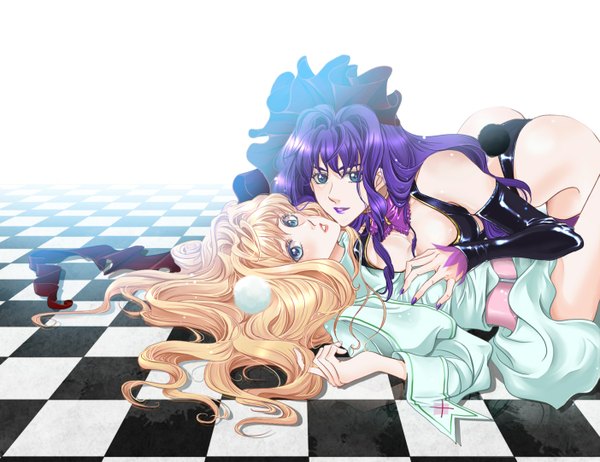 Anime picture 1404x1083 with macross macross frontier sheryl nome long hair looking at viewer blue eyes light erotic blonde hair white background bare shoulders multiple girls purple hair ass lying nail polish aqua eyes couple hug lipstick kneeling