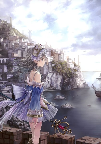 Anime picture 2432x3481 with atelier (series) gust (company) atelier rorona and totori (artbook) totooria helmold kishida mel single tall image highres short hair bare shoulders sky profile wind grey hair grey eyes city girl dress plant (plants) animal
