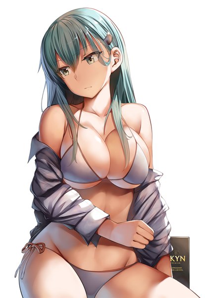 Anime picture 1242x1800 with kantai collection suzuya heavy cruiser belko single long hair tall image fringe breasts light erotic simple background hair between eyes large breasts white background sitting cleavage head tilt aqua hair off shoulder open shirt alternate costume