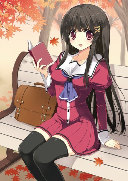 Anime picture 1476x2085 with original yukiwo long hair tall image open mouth black hair red eyes sitting autumn girl thighhighs black thighhighs plant (plants) tree (trees) serafuku bag school bag