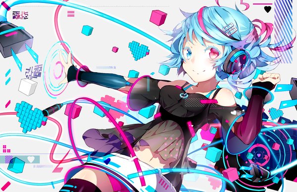 Anime picture 1700x1100 with original rooseputo 02 single looking at viewer short hair smile red eyes multicolored hair aqua eyes aqua hair streaked hair heterochromia girl hair ornament ribbon (ribbons) headphones hairclip wire (wires) blouse cube