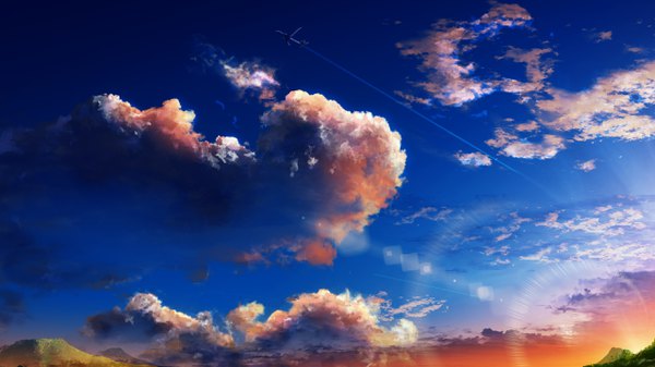 Anime picture 2560x1440 with original y y (ysk ygc) highres wide image sky cloud (clouds) sunlight wallpaper lens flare evening sunset mountain no people landscape sunbeam aircraft airplane