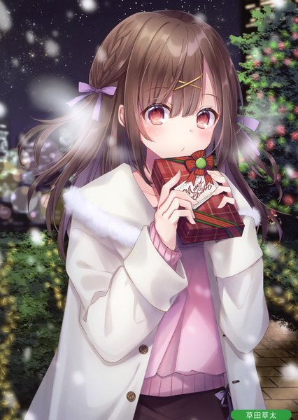 Anime picture 2096x2954 with melonbooks kusada souta single long hair tall image looking at viewer blush fringe highres hair between eyes red eyes standing holding signed payot outdoors braid (braids) long sleeves multicolored hair scan