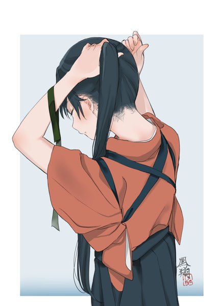 Anime picture 2508x3541 with kantai collection houshou light aircraft carrier ume (plumblossom) single long hair tall image blush highres black hair simple background ponytail eyes closed traditional clothes japanese clothes from behind short sleeves adjusting hair hand on head tying hair girl