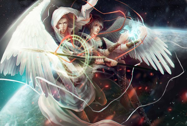 Anime picture 1280x864 with valentina remenar short hair brown hair signed ponytail orange hair magic glowing open collar angel wings glow angel girl boy weapon wings star (stars) necklace spear planet