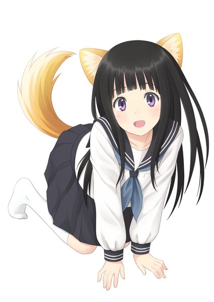 Anime picture 620x876 with hyouka kyoto animation chitanda eru kuro (chrono) single long hair tall image looking at viewer blush fringe open mouth black hair simple background white background purple eyes animal ears full body tail blunt bangs long sleeves