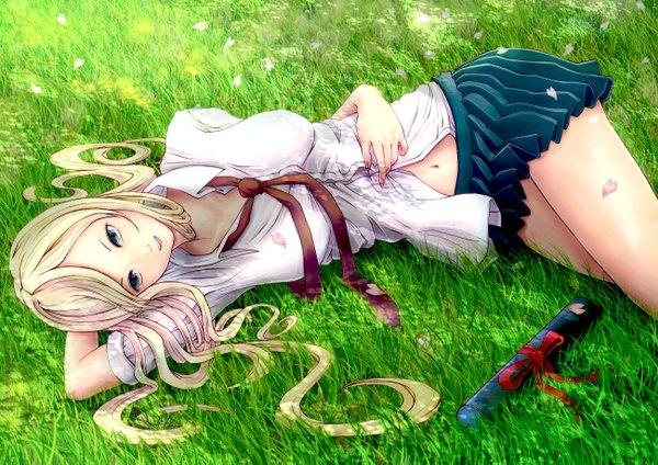 Anime picture 2600x1838 with original minusion long hair highres blue eyes blonde hair lying girl navel uniform plant (plants) school uniform petals necktie grass