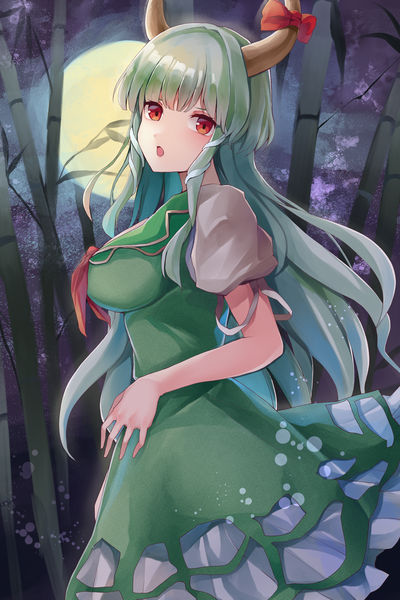 Anime picture 2200x3300 with touhou kamishirasawa keine ex-keine koizumo single long hair tall image looking at viewer fringe highres red eyes green eyes horn (horns) :o puffy sleeves turning head girl dress plant (plants) moon