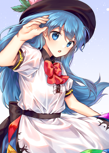 Anime picture 1280x1800 with touhou hinanawi tenshi cheunes single long hair tall image looking at viewer blush open mouth blue eyes blue hair arm up alternate eye color girl hat bowtie
