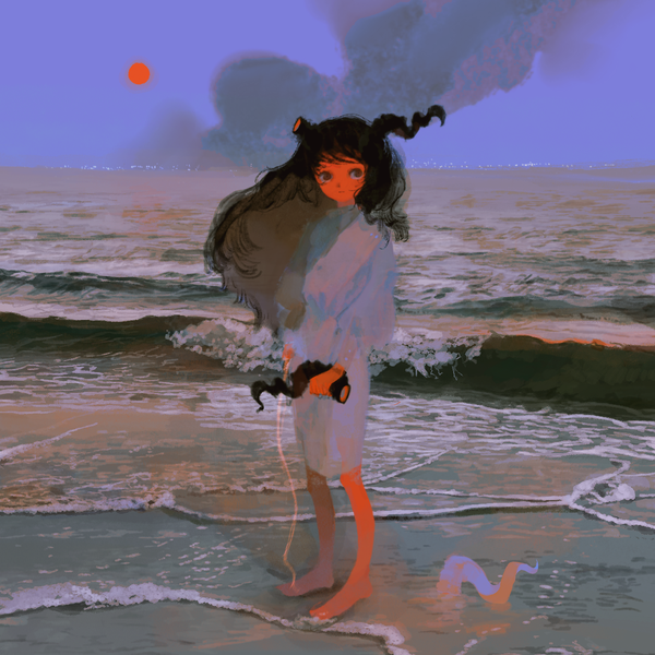 Anime picture 1800x1800 with original azigashimitoru single long hair highres black hair standing holding looking away full body outdoors barefoot horn (horns) black eyes partially submerged smoke amputee girl dress white dress