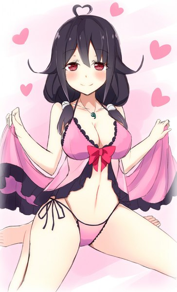 Anime picture 547x900 with kantai collection taigei light aircraft carrier takehana note single long hair tall image looking at viewer blush light erotic black hair red eyes sitting twintails bare shoulders holding ahoge bare legs underwear only low twintails wariza