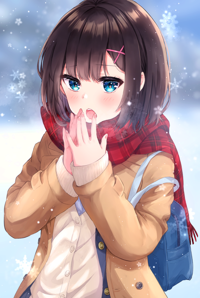 Anime picture 2122x3168 with original haru (re ilust) single tall image looking at viewer blush fringe highres short hair open mouth blue eyes brown hair standing upper body outdoors long sleeves fingernails blurry open clothes teeth
