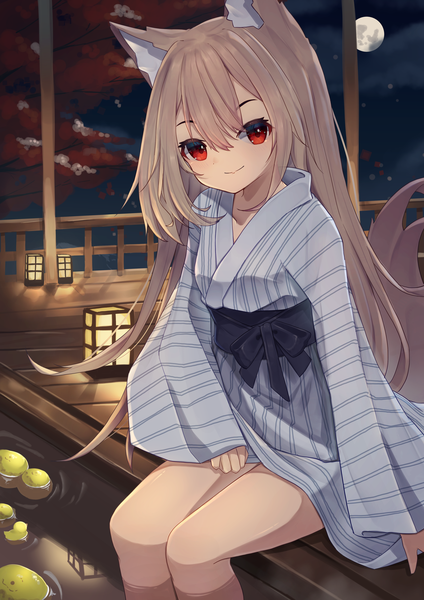 Anime picture 2894x4093 with original hinata (user rjkt4745) single long hair tall image looking at viewer blush fringe highres hair between eyes red eyes brown hair sitting animal ears tail traditional clothes japanese clothes animal tail light smile night