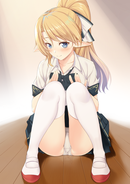 Anime picture 1000x1414 with enjo kouhai iris (takunomi) takunomi single long hair tall image looking at viewer blush fringe blue eyes light erotic blonde hair smile hair between eyes sitting payot full body bent knee (knees) ass ponytail